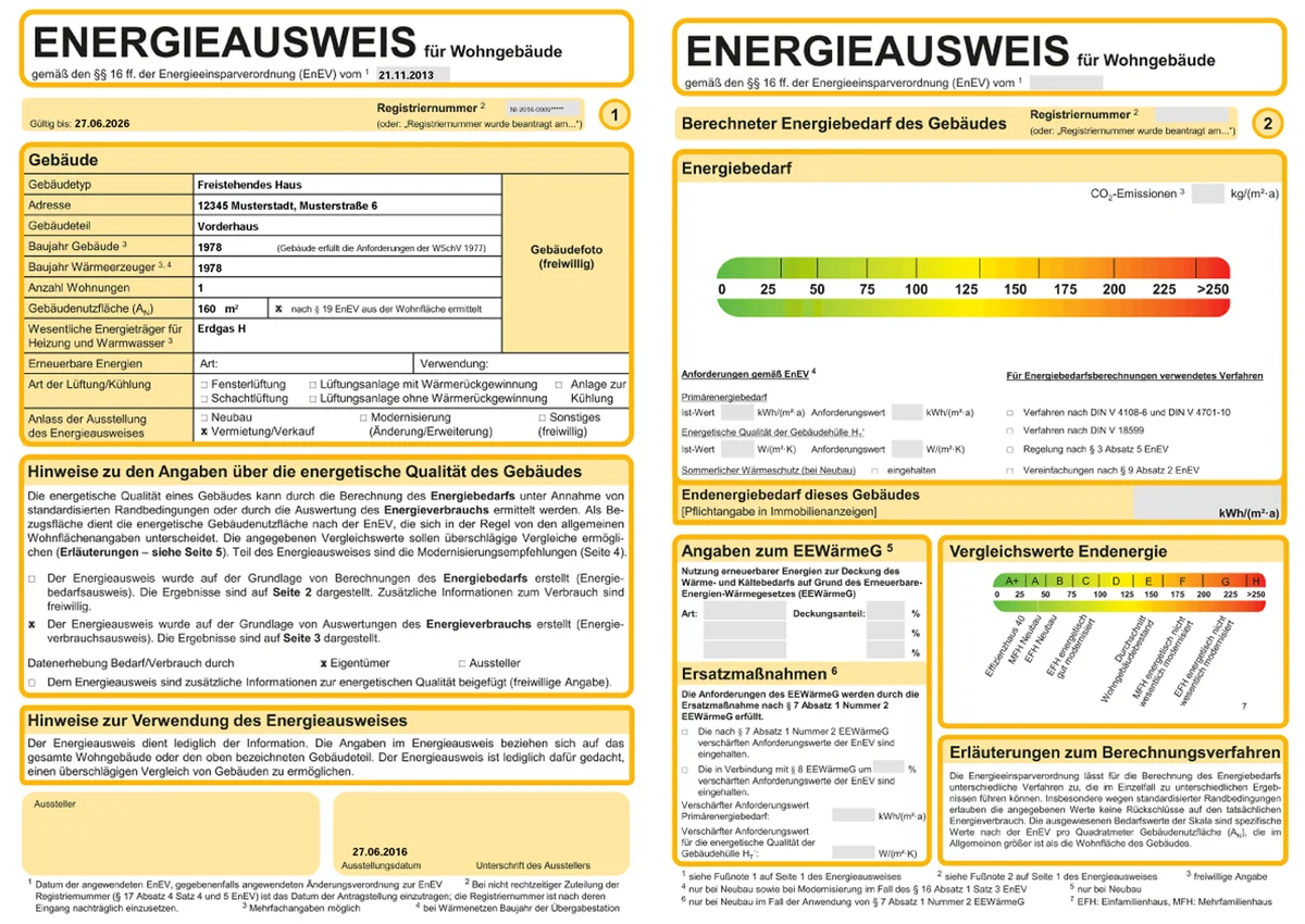 Muster eines Energieausweises für Wohngebäude: Seite 1 mit Gebäudedaten, Seite 2 mit Energiebedarf und Effizienzskala