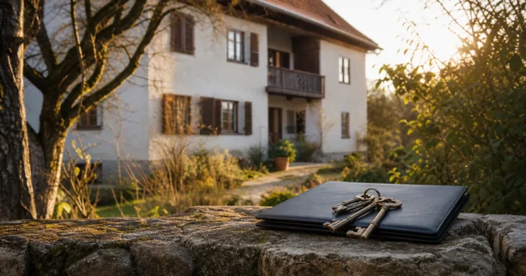 Geerbtes Wohnhaus mit Schlüsseln und Unterlagen