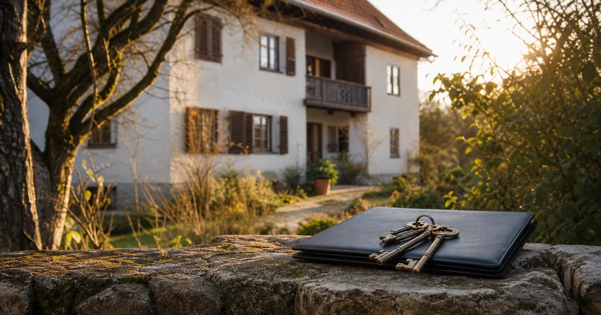 Geerbtes Wohnhaus mit Schlüsseln und Unterlagen